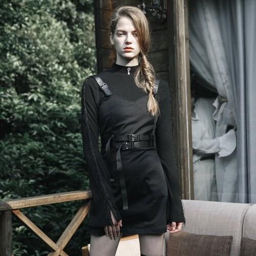 PUNKRAVE Womens Military Uniform Style Handsome Double Belt A Swing Dress Punk Hard Core Girl Personality Sling Dress