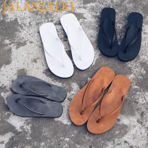 JALANJALKI Women Slippers Flat Sole Non-slip White Leather Platform Outdoor Street Style Men Flip-flops Casual Light EVA Slides