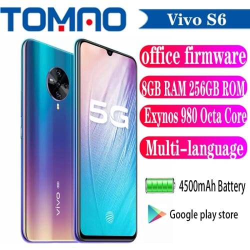 Vivo S6 5G Mobile Phone 8GB RAM 128GB 256GB ROM Exynos 980 Octa Core 4500mAh 48.0MP 4 Rear Cameras 6.44" Android 10 5G Phone