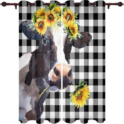 Farm Cow And Sunflower Black Plaid Window Curtains Kitchen Bedroom Drapes Home Decor Luxury Living Room Backdrop Curtain