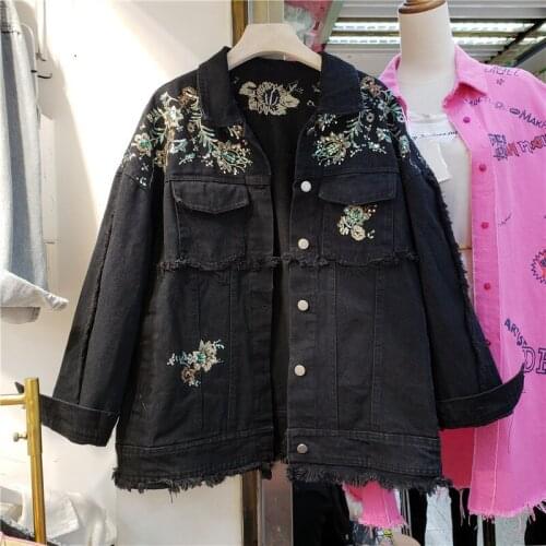 Vintage Sequins Flower Embroidery Washed Black Denim Jacket Frayed Burrs Lapel Long Sleeves Casual Autumn Female Chaqueta Mujer