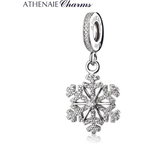 ATHENAIE 925 Sterling Silver Pave Clear CZ Frozen Snowflake Pendant Drops Charm Fit European Charms Bracelets Gift for Women