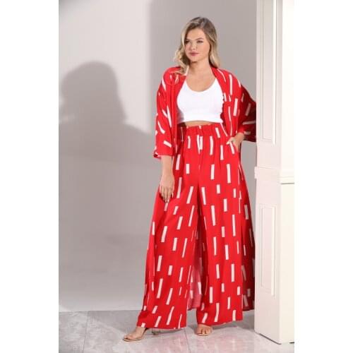 Daffic Pantsuit wit Lines Red Suite for Women 2021 Suite For Summer Two Pieces Pantsuite