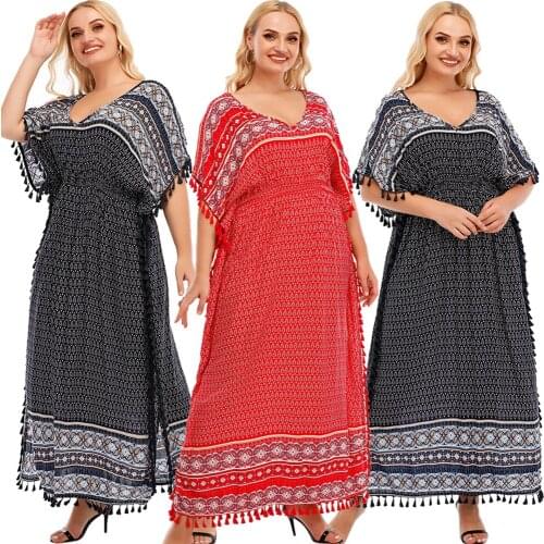 Bohemian Muslim Women Summer Print Long Dress Loose Caual Kaftan V-neck Maxi Robe Gown Short Sleeve Ethnic Tassel Abaya Arabic