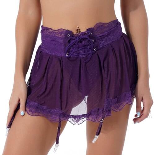 Womens Ladies Lingerie See-through Mesh Lace Trimming Miniskirt Nightwear Lace-up Back Garter Belt Skirt with G-string Briefs