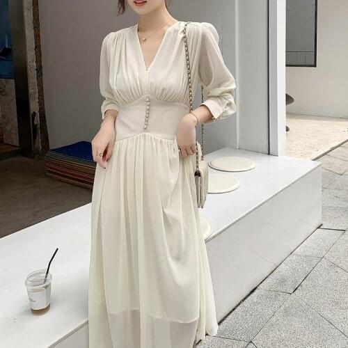 Summer V Neck White Maxi Dress New Arrival High Quality Plus Size S-4XL Long Sleeve Women Chiffon Long Dress Vestidos