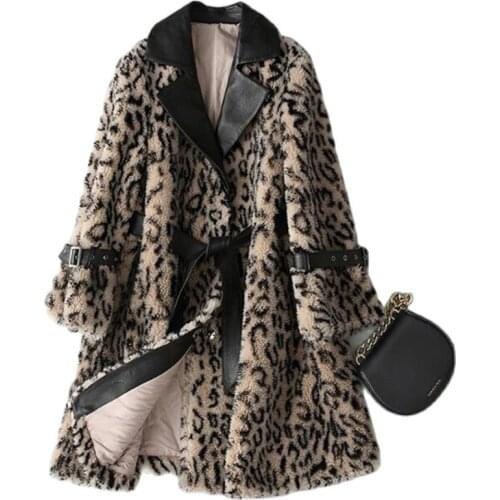 Winter Leopard Faux Fur Coat Women Thicken Warm Slim Long Sleeve lambswool Elegant Windbreaker Female Outerwear Clothes