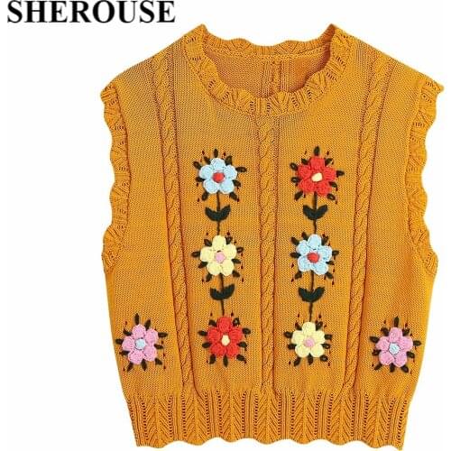 2021 Summer Tops Women Knitted Floral Embroidery O-Neck Crop Top Chic Lady Fashion Casual Woman Vest