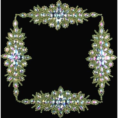 3pcs/lot)High Quality Bling Green Beaded Rhinestone Appliques Wedding Hot Fix Crystal Trim For Girl Dress Bridal Hair/Shoes