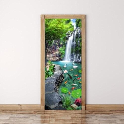 3D Customized Swans Play In River Door Mural Wallpaper mural Wall Print Decal Wall Mural Photo self adhesive door wrap