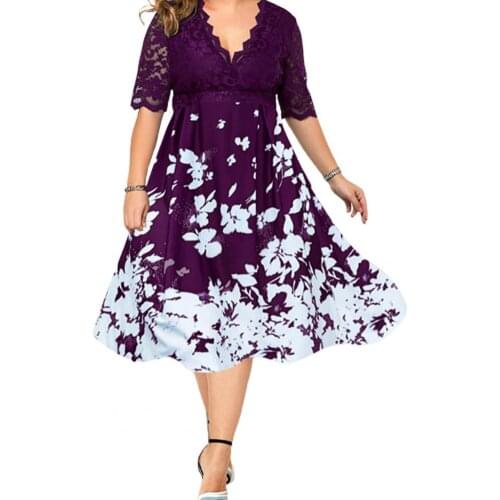 Plus Size 6Xl Women Dress Elegant Evening Party V Neck Short Sleeve Lace Patchwork Midi A-Line Dresses Wedding Party