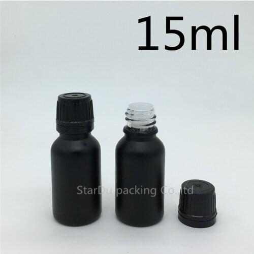 Free Shipping 500pcs 15ML Black Frosted Glass Bottle 15ml Vials Essential Oil Bottle with black Plastic cover Perfume bottles