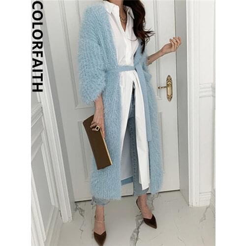 Colorfaith New 2021 Womens Autumn Winter Sweaters Elegant Lady Mohair Cardigans Fashionable Lace Up Pink Long Knitwear SWC3378