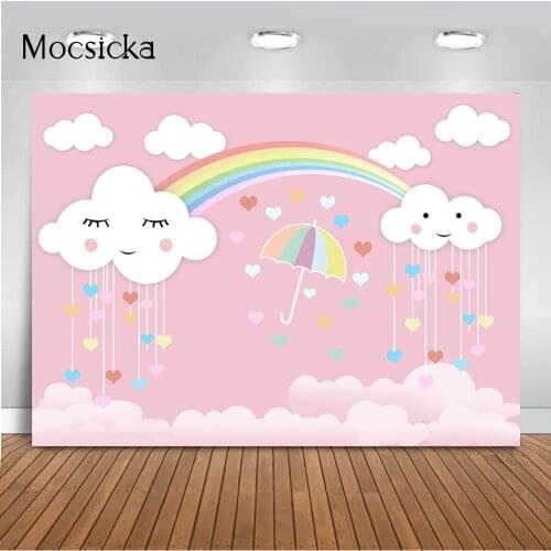 Pink sky and White Cloud Backdrop for Photography Girls Rainbow Birthday Party Background for Photo Studio Newborn Kids Portrait