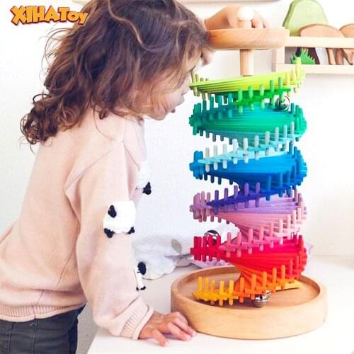 Racing Pinball Track Building Blocks Double Helix Stairs Educational Montessori Toys Rainbow Colors Build Board Game