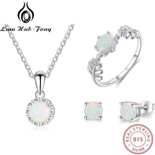 925 Sterling Silver Jewelry Sets Opal Stone Ring Necklaces Stud Earrings Women Wedding Jewelry Sets Fine Jewelry (Lam Hub Fong)