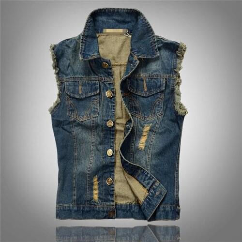 Korean Youth Trend Jeans Vest Mens Ripped Vest Jacket Denim Vests Men Retro Sleeveless Slim Fit Male Jeans Tank Top Plus Size