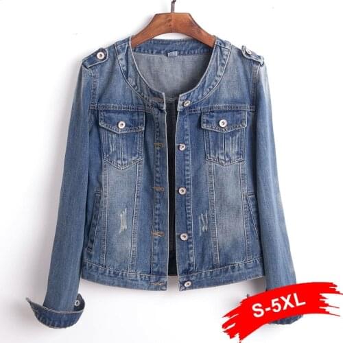 Plus Size Round Collar Jeans Jacket 4XL 5XL Sweet Women Light Blue Bomber Short Denim Jackets Long Sleeve Jaqueta Casual Coat