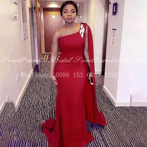 Fashion Streamer Mermaid Bridesmaid Dresses Long Red One Shoulder African Women Wedding Party Dress Bridal Maid Of Honor