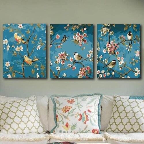 DIY colorings pictures by numbers with colors Birds and flowers picture drawing painting framed decor three pieces