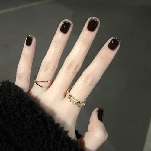 24pcs Black False Nails Press On Nails Daily Wearable Finished Fake Nails Full Cover Nail Tips With 24Pcs Glue Sticker