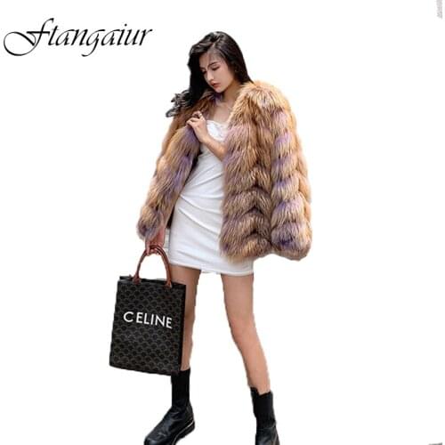 Ftangaiur 2021 Women Winter Import Fox Fur Coat Weave Whole Skin Slim Thick Female Fox Coats Short V-Neck Natural Fox Fur Coats