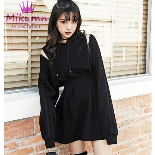 New Autumn Gothic Girls Mini Dress Women Sexy Hollow Zipper Long Sleeve Hooded Black Punk Dress Chic Streetwear Vestidos