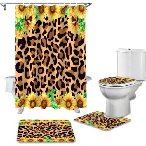 Sunflower Leopard Texture Durable Waterproof Shower Curtain Set Bathroom Rugs Carpet Toilet Seat Cover Pad Floor Mat