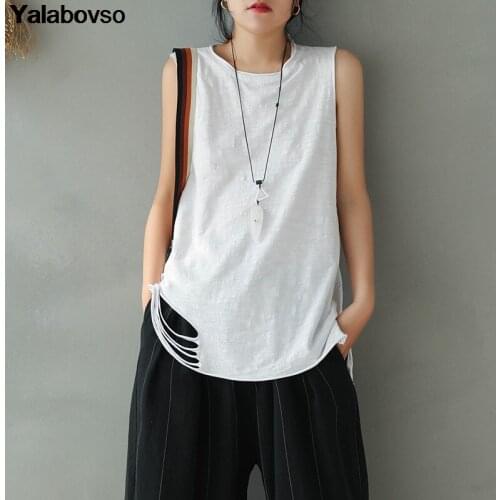 Round Neck Pullover Sleeveless Top Female All Match Casual Fashion Harajuku Tees Bamboo Cotton Vest White Hole T Shirt Z2