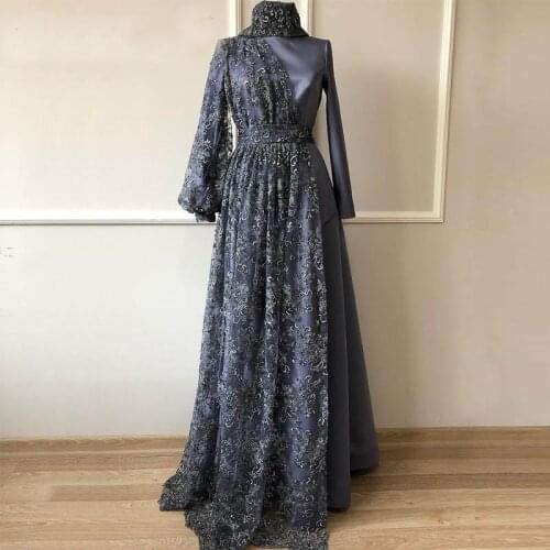 Grey Satin Lace Long Sleeve Muslim Evening Dress High Collar Dubai Saudi Arabic Long Formal Party Gowns Vestidos De Fiesta
