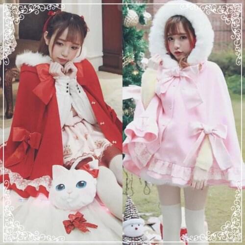 Autumn winter sweet lolita cloak bowknot lacing hooded thicken loose victorian coat kawaii girl coat loli cos