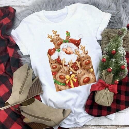 New Cute Reindeer and Santa Claus T Shirt Women Fashion Christmas Harajuku Short Sleeve T-shirt Female Kawaii Tops Tee