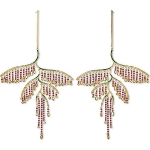 Brand 1:1 Tropical Elements Multicolor Diamond Leaf Long Exaggerated Tassel Earrings Elegant and Exquisite Lady Silver Jewelry