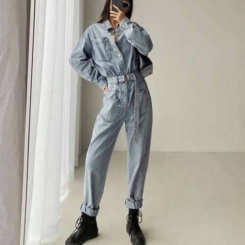 Spring and autumn new style street fashion retro denim jumpsuit women, solid color loose all-match slimming lace jumpsuit women