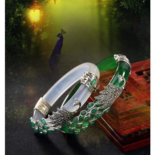 Real 925 Sterling Silver Bangles for Women Thai Silver Animal Chalcedony Peacock Bangles Jade Creative Bracelet Jewelry