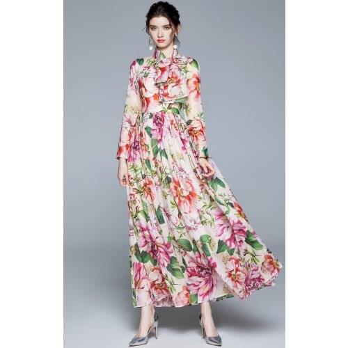 Runway Holiday Out Maxi Dresses Fall Women Long Sleeve Floral Print Sashes Pleated Boho Big Swing Chiffon Long Dresses + Scarf