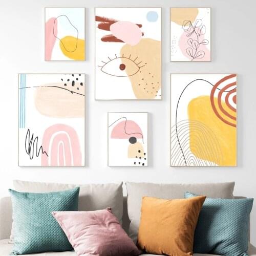 Abstract Color Block Canvas Painting Nordic Line Drawing Eye Leaves Posters and Prints Wall Art Pictures for Living Room Decor