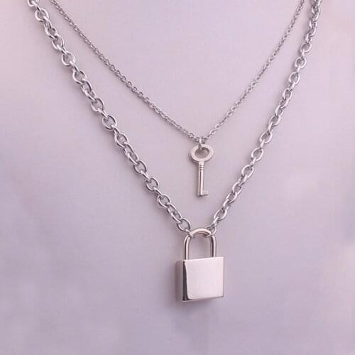 Fashion Key Padlock Pendant Necklace For Women Men Silver Colour Lock Necklace Layered Chain On The Neck With Lock Punk Jewelry