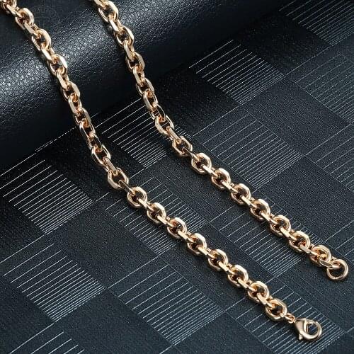 Womens Necklace 7mm 585 Rose Gold Rolo Cable Link Chain Necklace for Women Girls Party Wedding Jewelry 50 60cm LCN29A