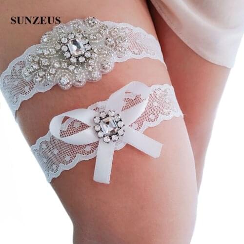 Elastic Lace Garter White Leg Rings for Bridal Beaded Rhinstones Wedding Accessories Bow Garters