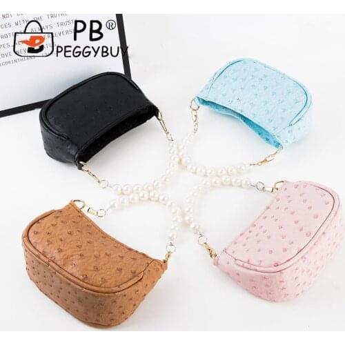Elegant Pearl Chain Ladies Messenger Bags PU Leather Pure Color Crossbody Bags Women Ostrich Pattern Shoulder Bags