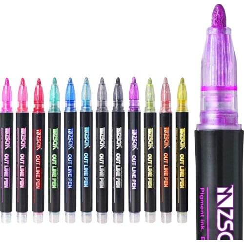 Outline Metallic Marker Pens 12 Colors Double Line Marker Pens Writing Drawing Highlighter Marker Pen for School Office