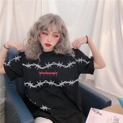 Loose Short Sleeve Unisex Tees Couple Clothes Grunge Tumblr Tops bf Harajuku Womens T-Shirts Thorns Pattern Streetwear T Shirt