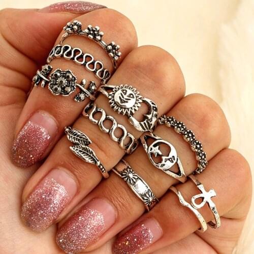 G072 11ps/Set Vintage Beach Jewelry Punk Hollow Flower Leaf Moon Star Sun Ring Set Carved Boho Midi Finger Ring Knuckle Anillos