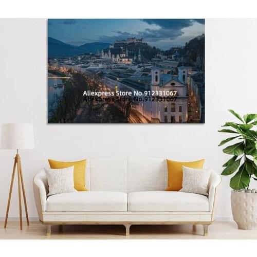 Canvas Painting Natural Landscape Architecture Riverside House And Castle Living room Decoration in The Distance Poster Wall Art