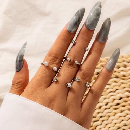Docona 5pc Fashion Silver Color Crystal Open Finger Ring Set for Women Adjustable Pearl Midi Knuckle Ring Female Jewelry Anillos