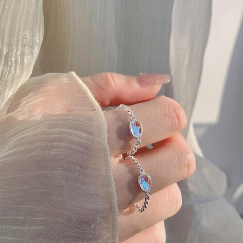 Colorful Moonstone Rings For Women Hollow Pull-Out Shape Round Beads Chain Adjustable Delicate Simple Trend Female Party Jewelry