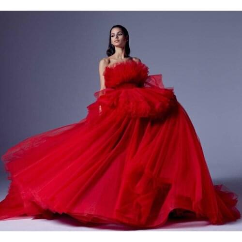 Red Strapless Prom Dresses Puffy Tiered Tulle Show Formal Dress Abendkleider Evening dress Party Gowns Robe de soirée Custom