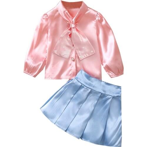 2021 1-6Y Fashion Kids Baby Girl Clothes Set Pearls Tie Collar Pink Solid Long Sleeve Shirt+Blue Pleated Skirt Spring Fall 2pcs