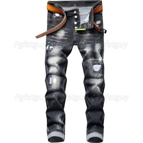 Italian Style Fashion dsq Brand Mens Jeans Black Slim Fit Elastic Ripped Patch Jeans Stretch Denim Pants Pantalons Pour Hommes